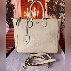 Tory Burch Robinson pebbled leather tote bag cream color with logo charm tag